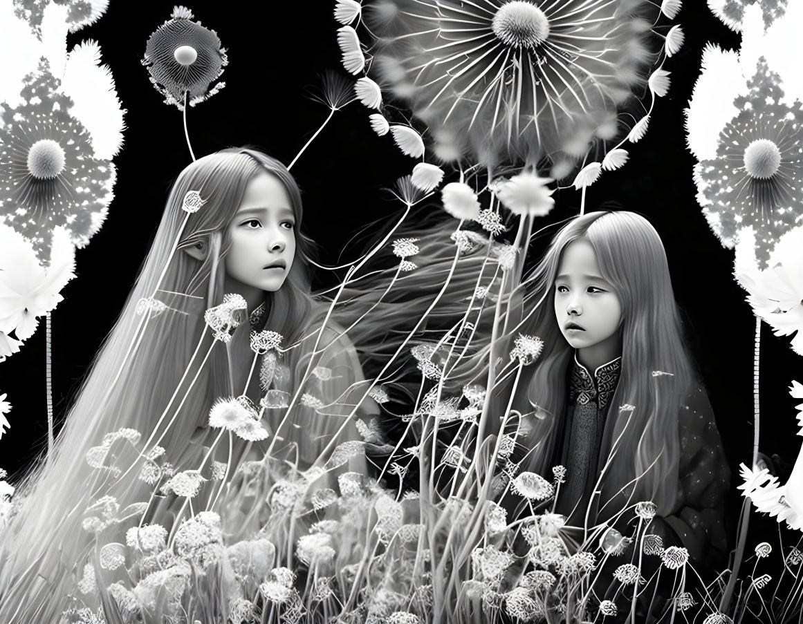 Monochrome image: Two young girls in dreamy field of dandelions