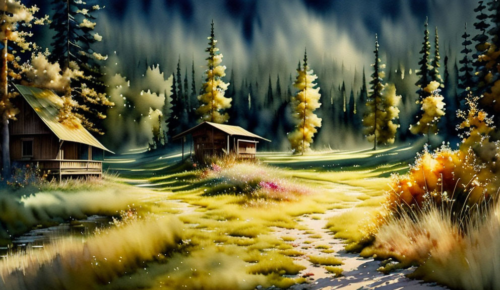 Tranquil landscape painting with winding path to cabin among lush green trees