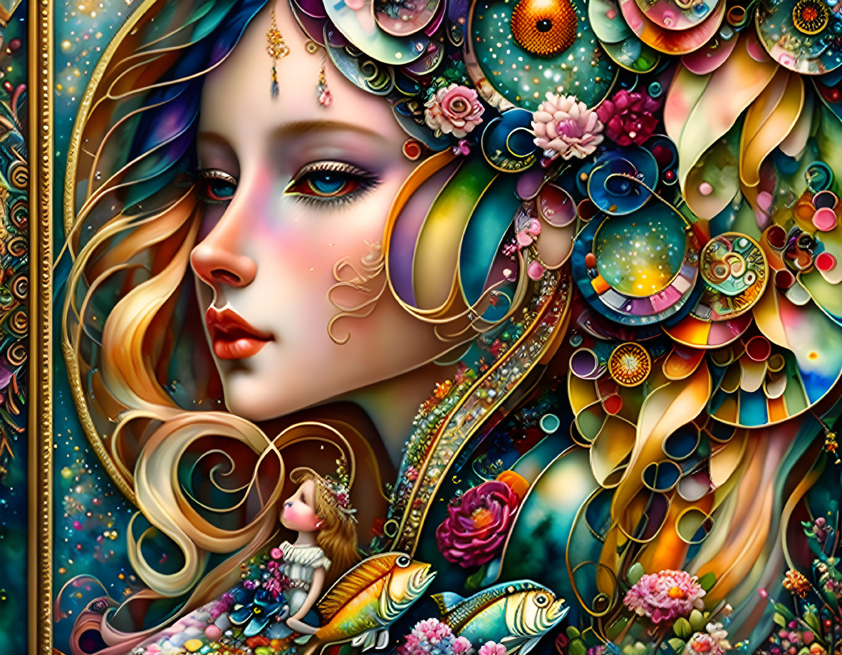 Colorful digital artwork of a woman's face with whimsical patterns and motifs.