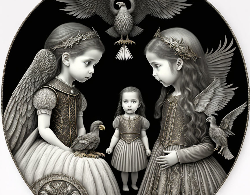 Grayscale oval illustration of angelic figures with eagles and child