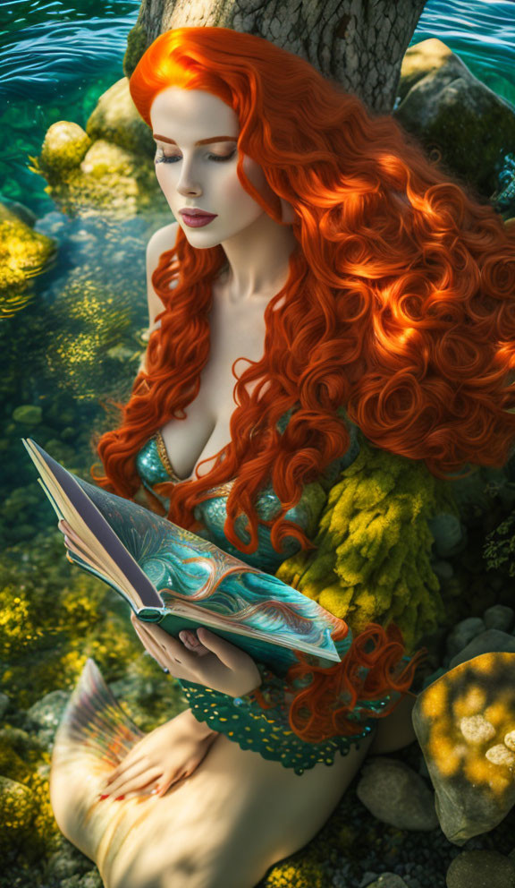 Red-haired mermaid reading book by tree near water