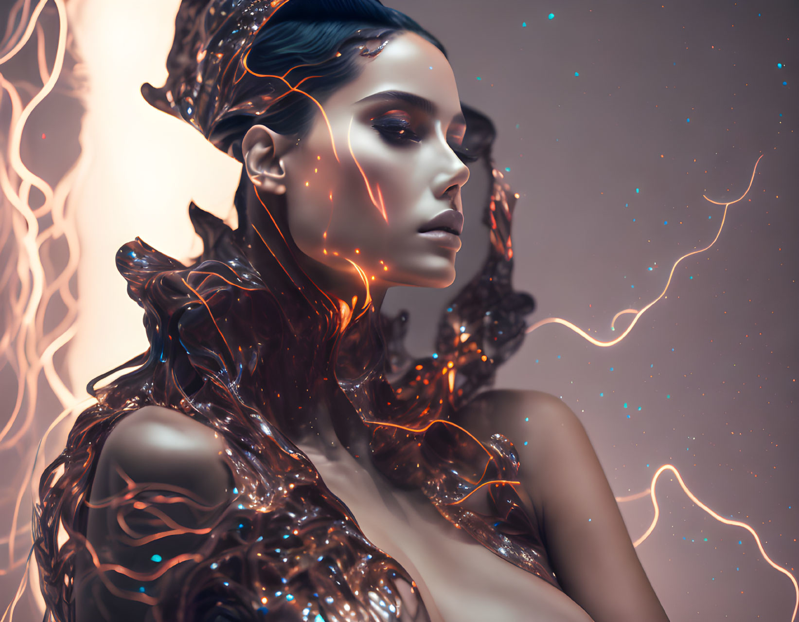 Futuristic digital artwork of glowing woman with light wisps