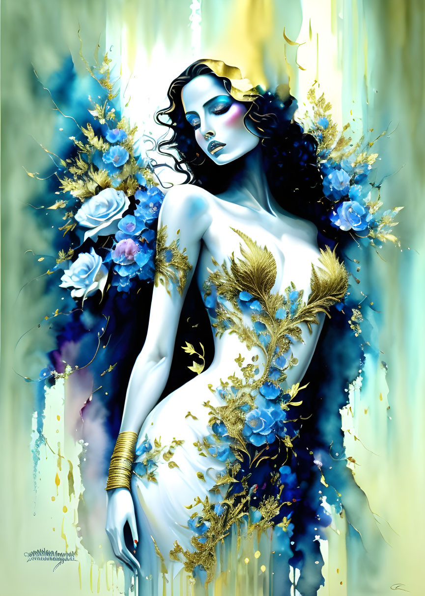 Woman with Dark Hair in White Dress with Gold and Blue Flowers on Vibrant Blue and Yellow Background