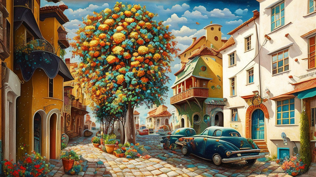 Colorful cobblestone street with old-style buildings, fruit tree, classic cars, and flowers under