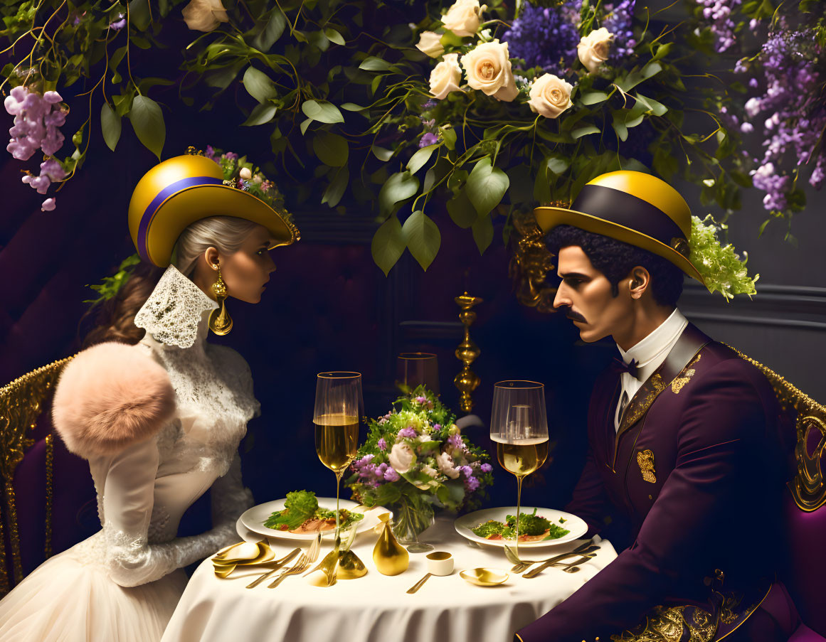 Stylized portrait of two people in historical costumes at elegant table