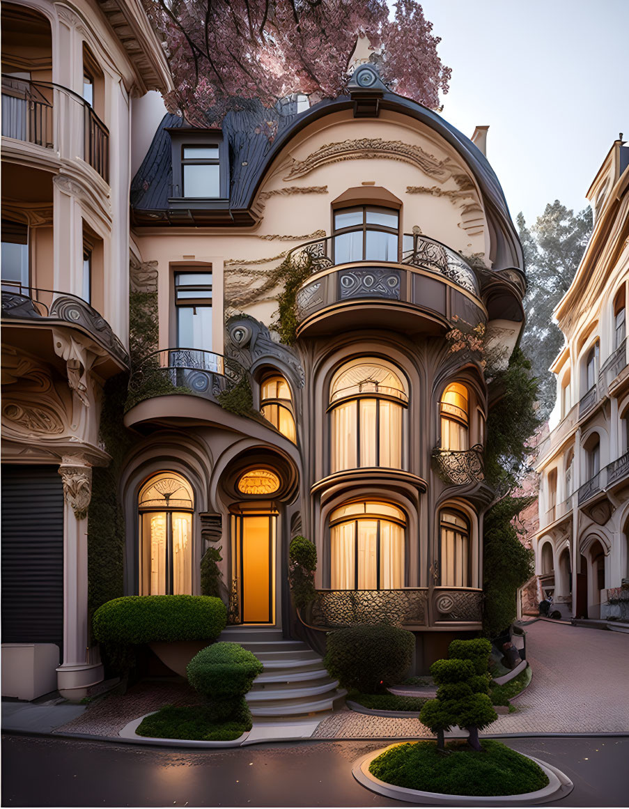 Traditional building with balconies and ornate windows on tranquil street at twilight