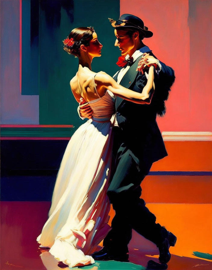 Formal attire couple passionately dancing with man in hat leading