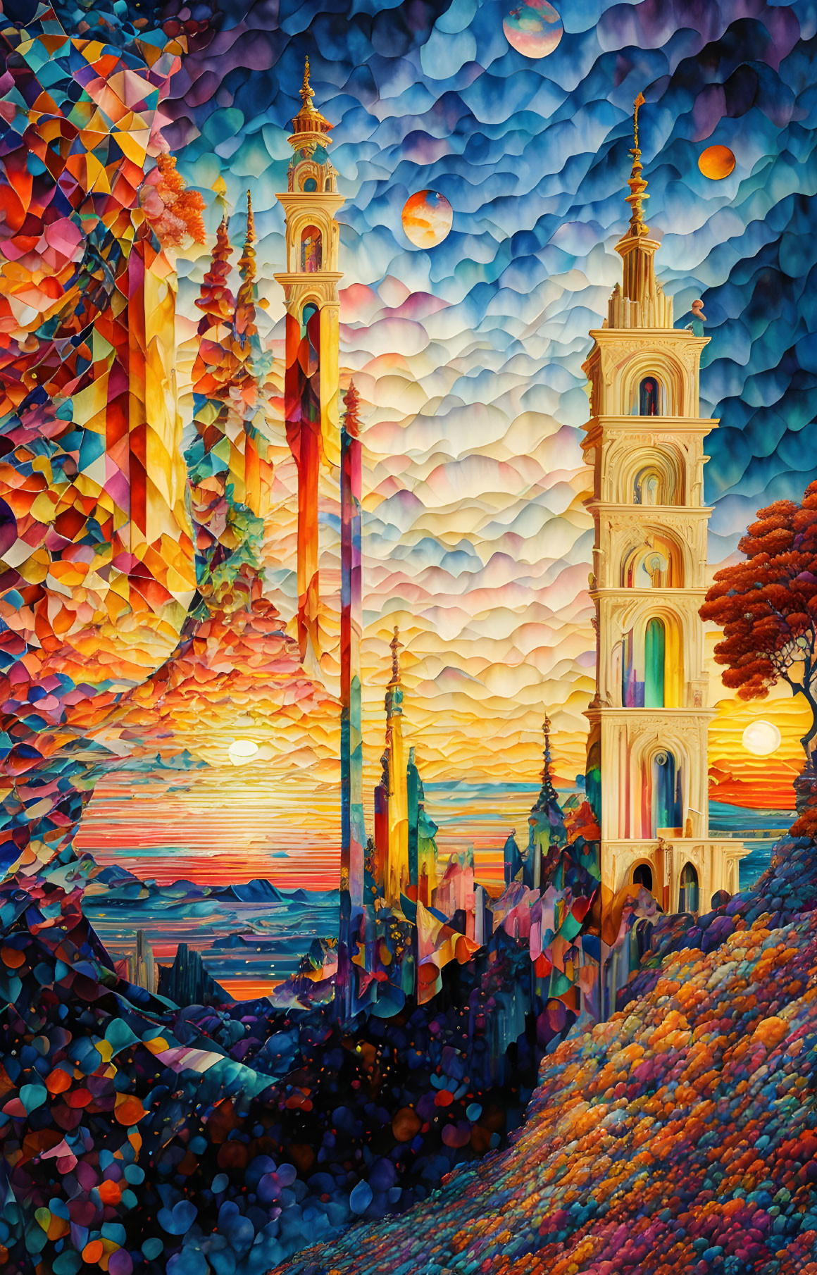 Colorful surreal landscape with fantastical towers and textured terrain