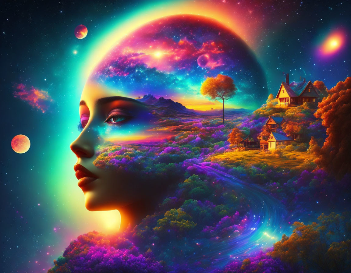 Surreal artwork: Woman's profile merges with cosmic landscape