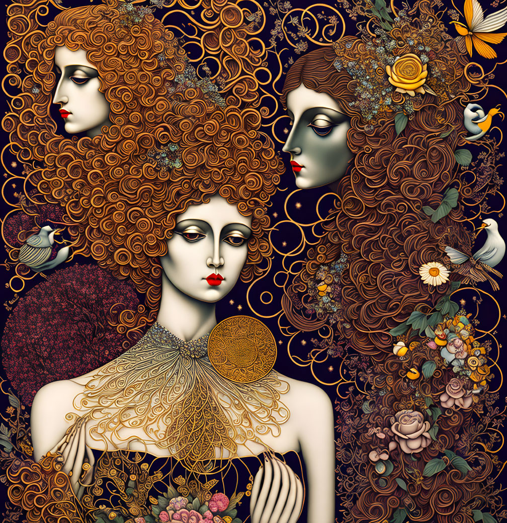 Stylized women with intricate hair designs and nature motifs on circular backdrop