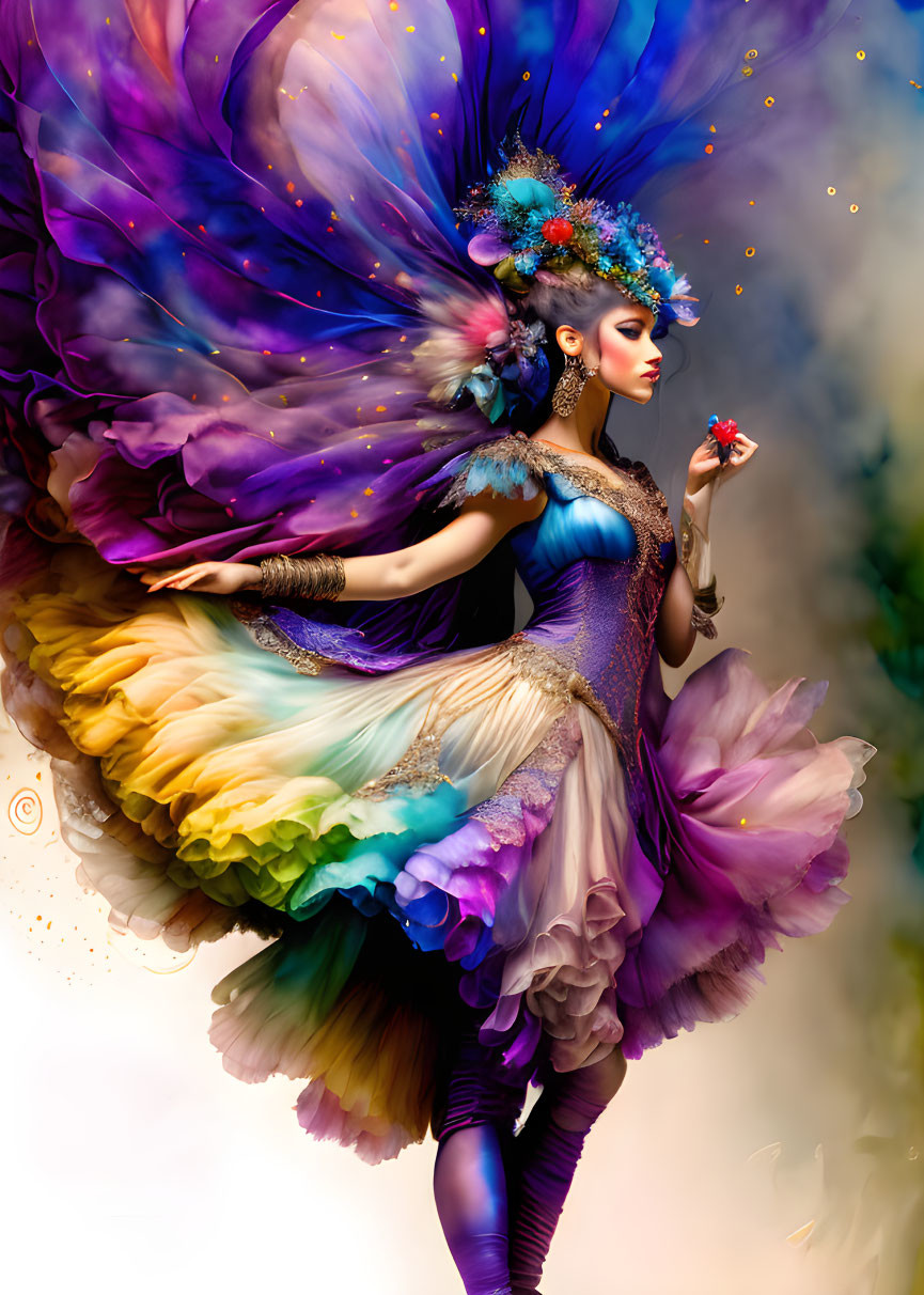 Colorful digital artwork of whimsical female figure with butterfly wings and floral costume.