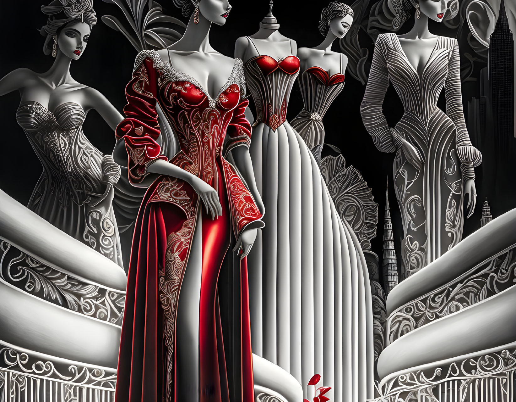 Monochrome illustration of women in chic gowns with red dress, cityscape backdrop