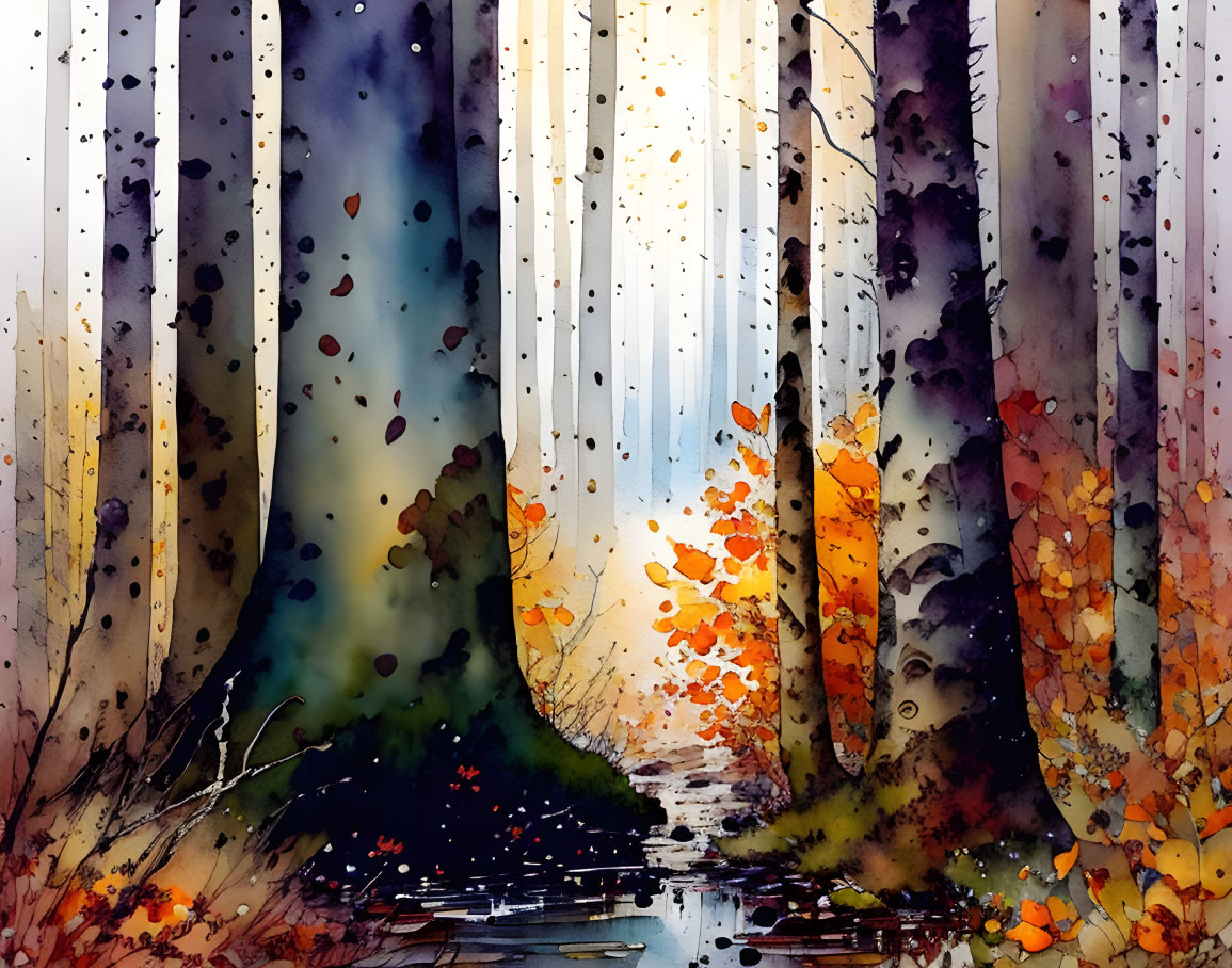 Colorful Watercolor Painting of Forest with Light Through Trees