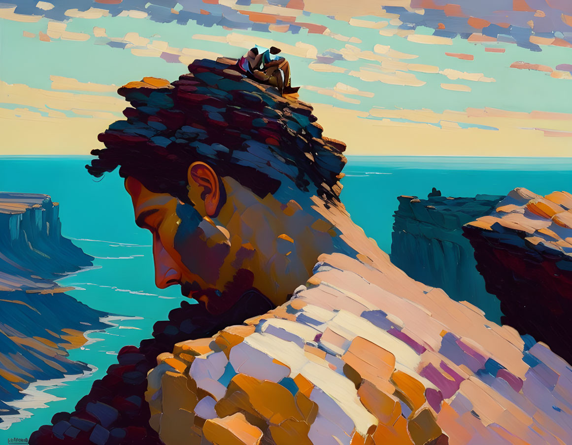 Surreal seascape with man's profile, cubist elements, and vibrant colors