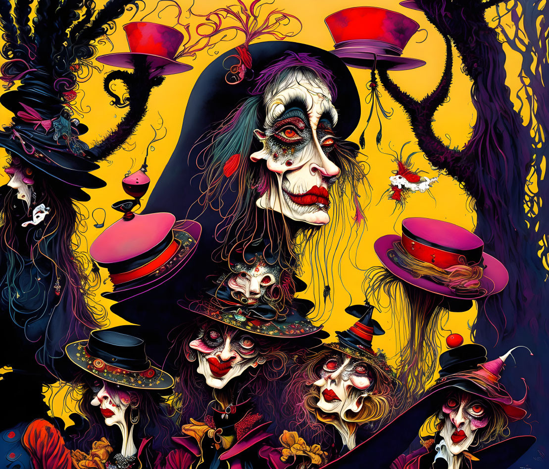 Colorful whimsical characters with clown-like features in a surreal forest setting