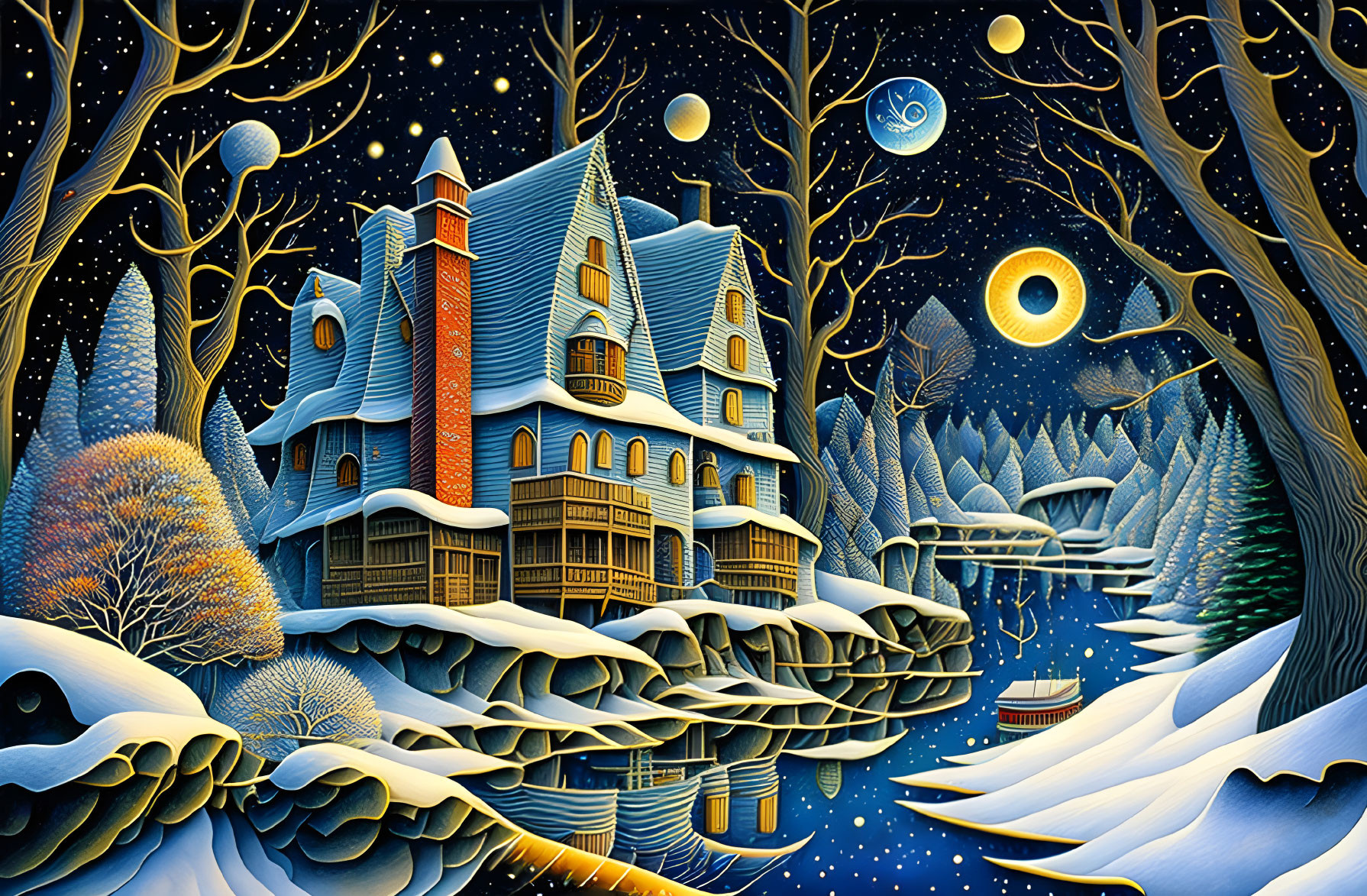 Whimsical winter night scene with multi-story house, red chimney, snow-covered trees, and multiple