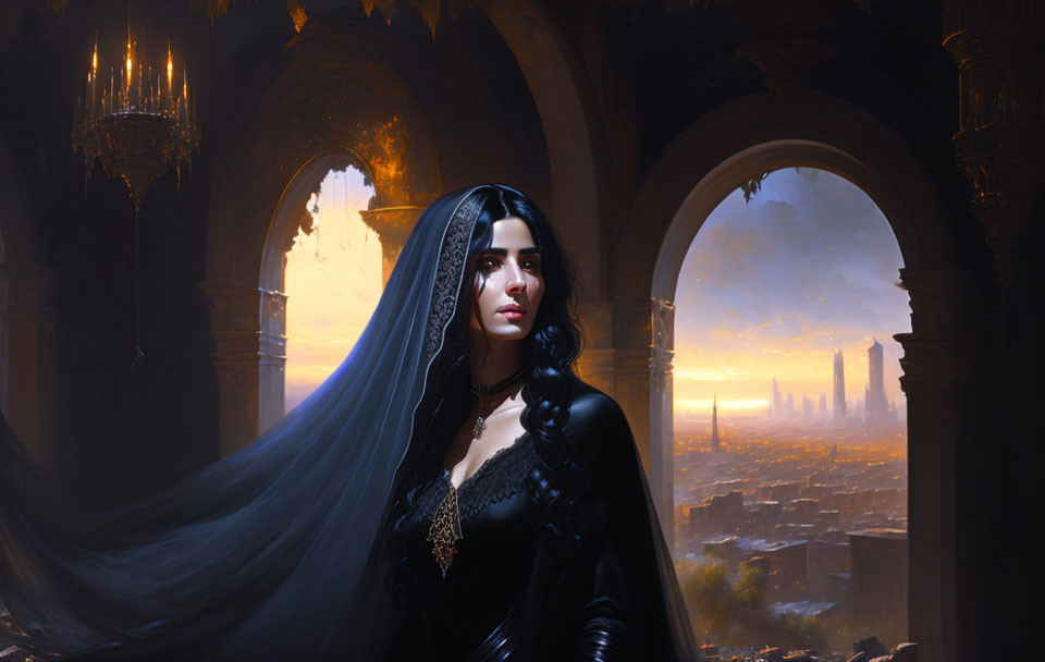 Dark-haired woman in black overlooking city at sunset from gothic archway