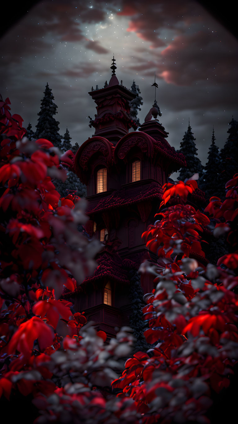 Intricate Wooden House in Forest with Red Foliage at Night