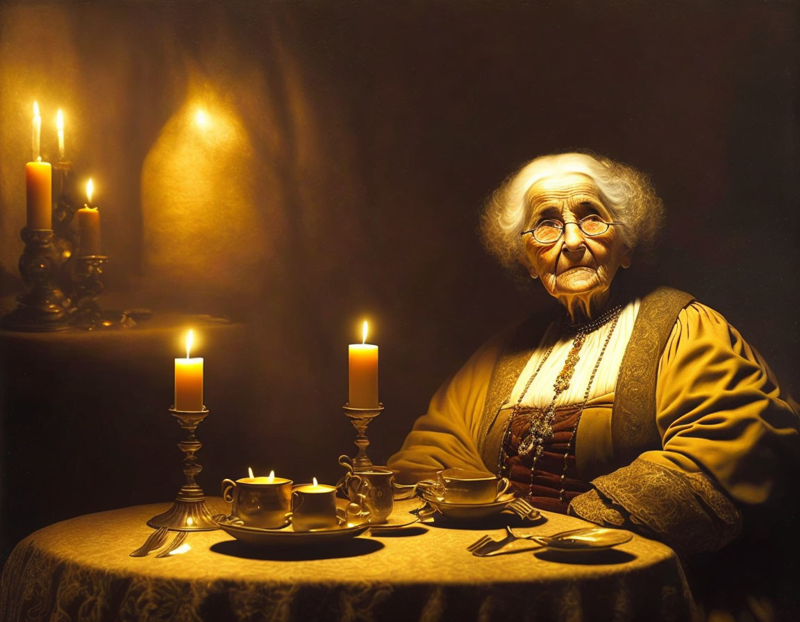 Elderly woman smiling at table with tea set and candles