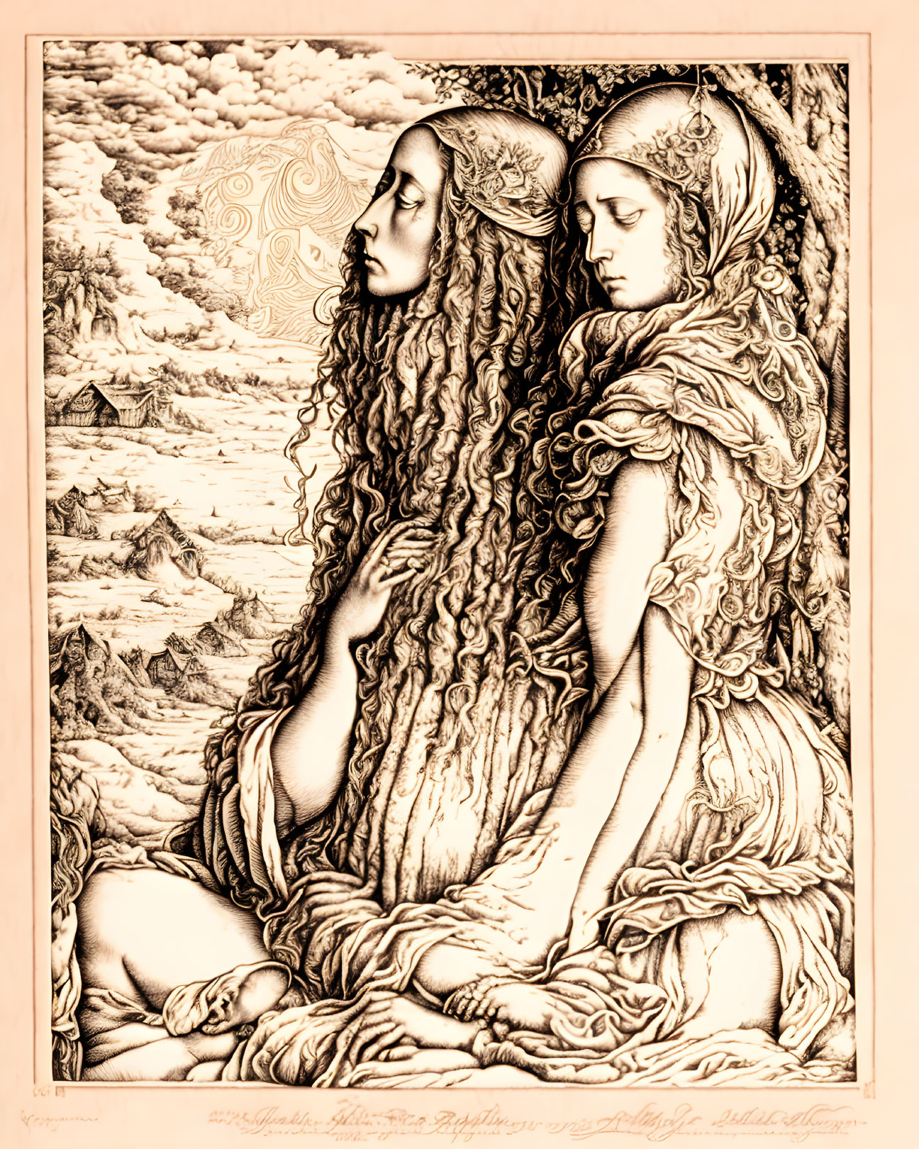 Sepia-tone illustration of two women with ornate headdresses, gazing into the distance