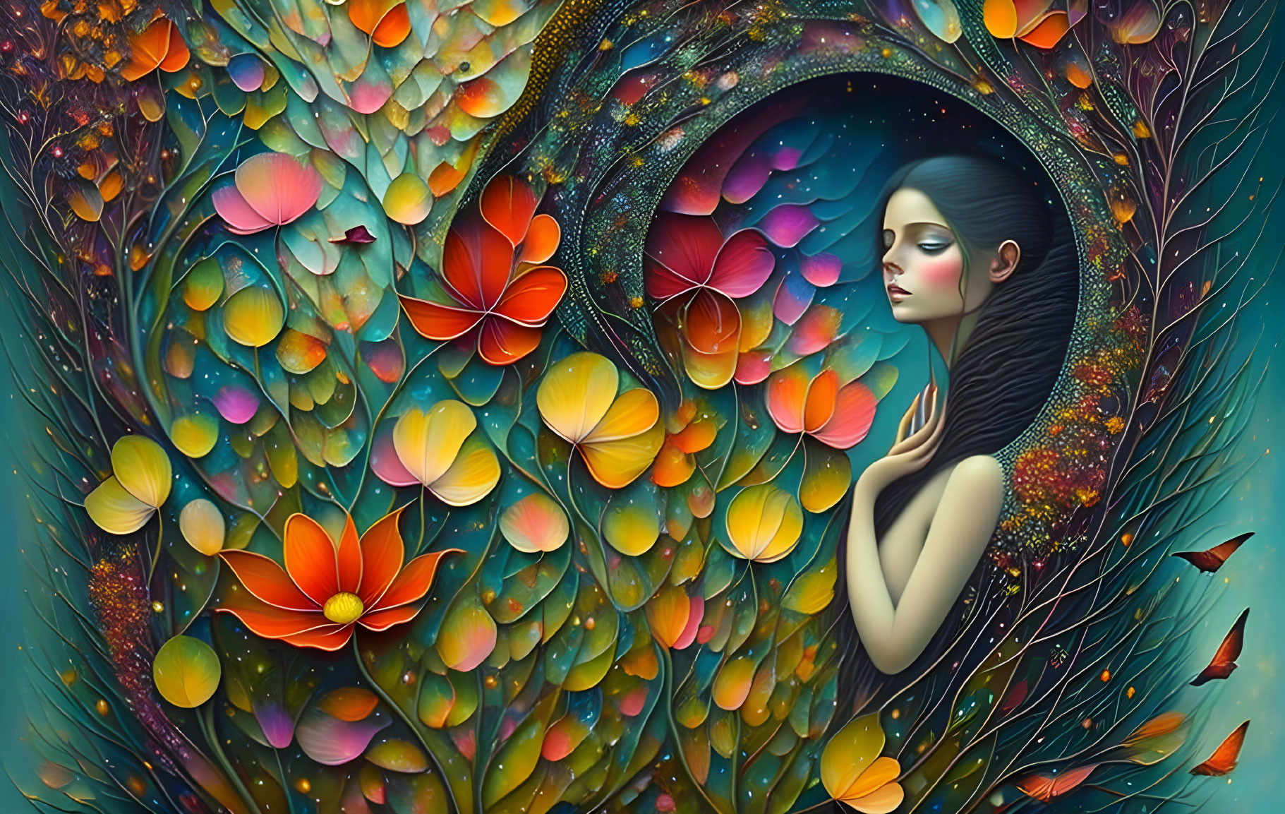 Woman surrounded by butterflies and flowers in cosmic background