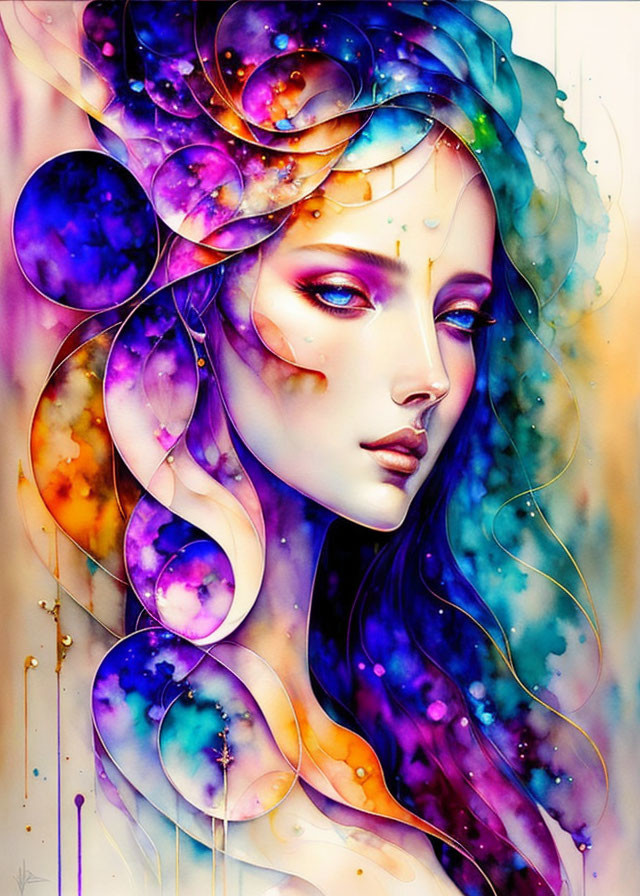 Colorful digital artwork: Woman with flowing hair and cosmic bubbles in purple, blue, and pink