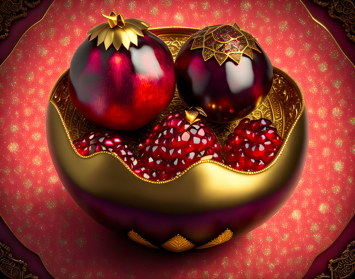 Glossy Christmas ornaments with gold detailing on decorative plate with pomegranate