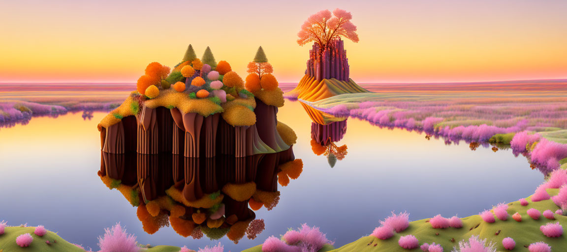 Vibrant flora and floating island in twilight sky landscape