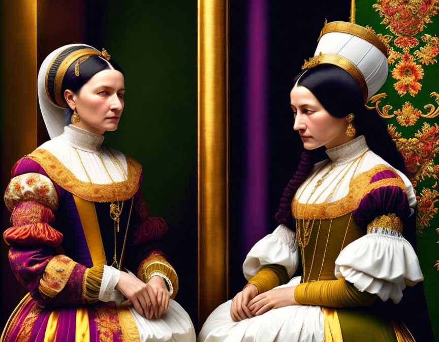 Women in historical costumes with elaborate headdresses in front of floral backdrop