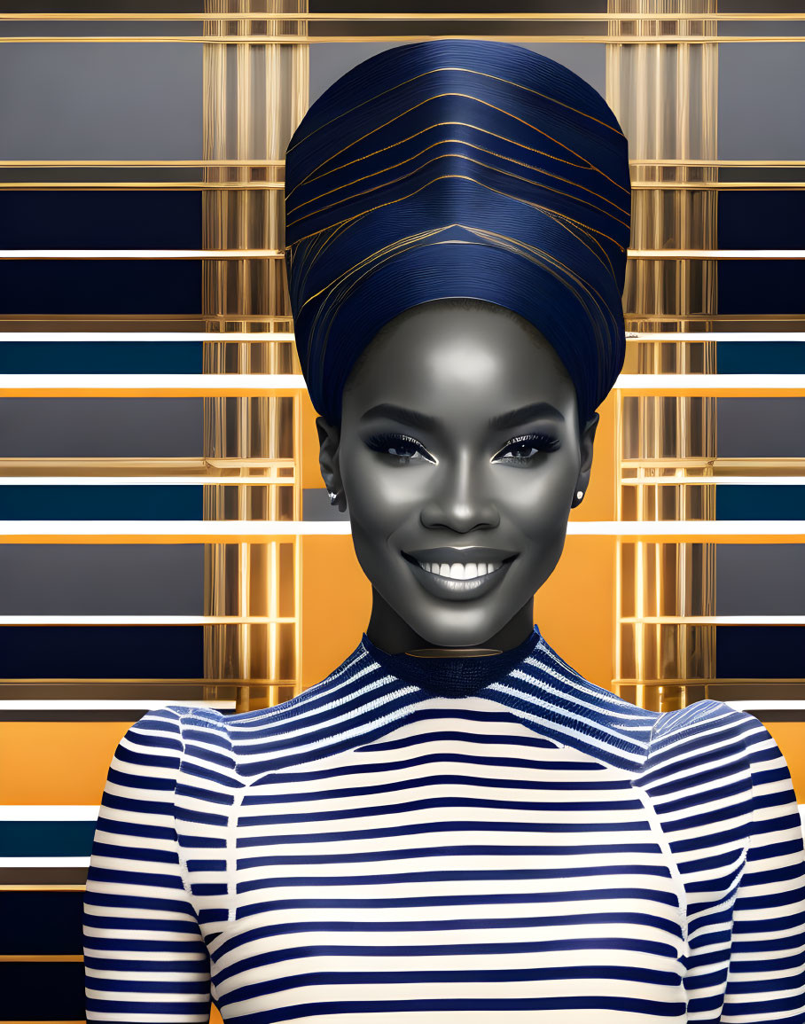 Smiling woman in blue headwrap against gold background