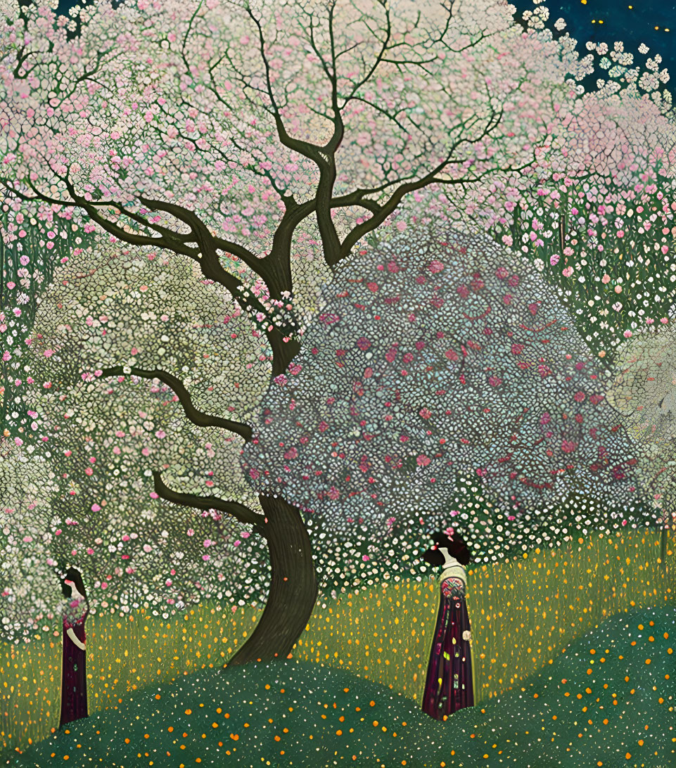 Illustration: Two women in traditional attire among cherry trees and yellow flowers