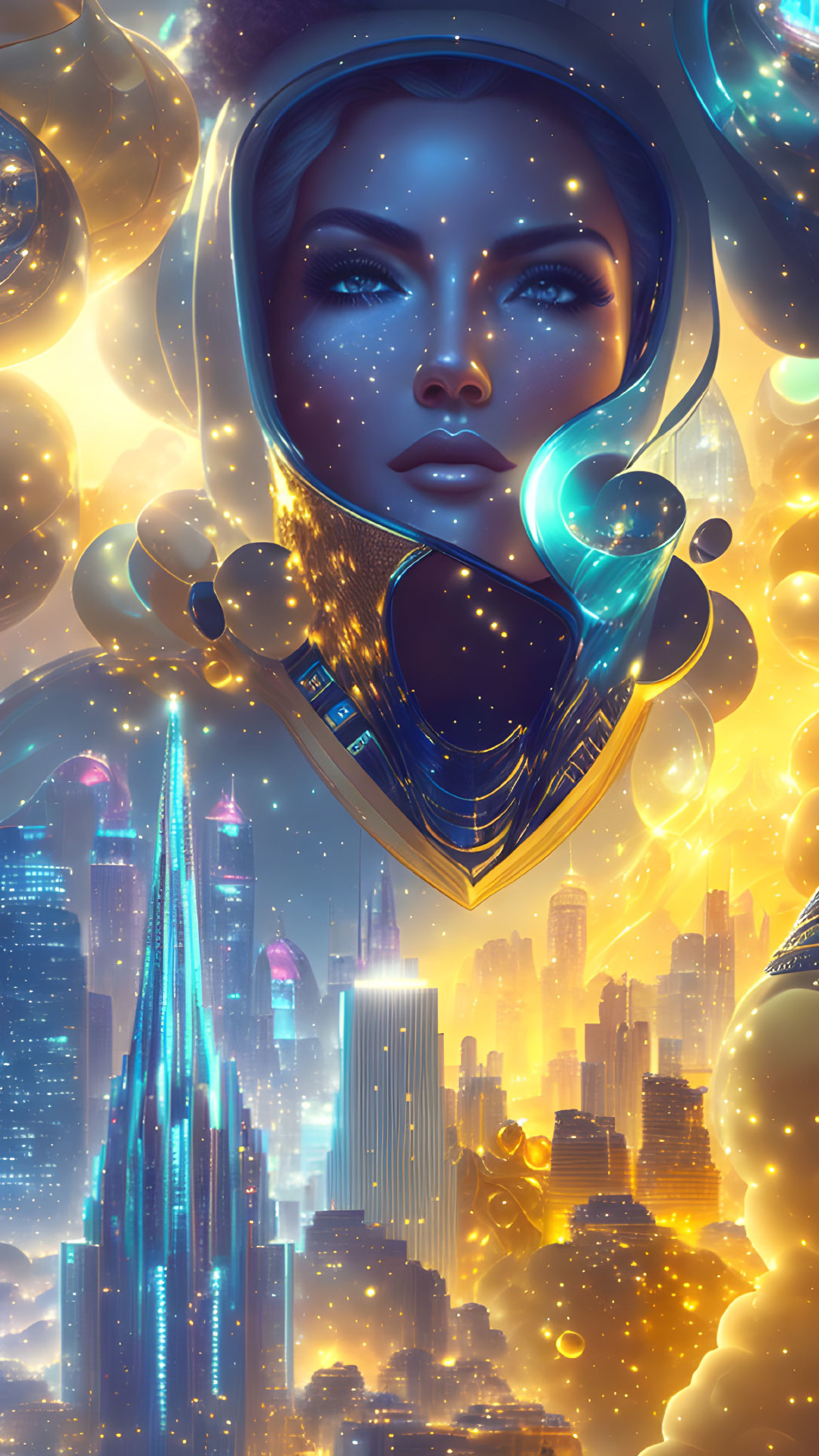 Futuristic cityscape with cosmic female figure in space helmet