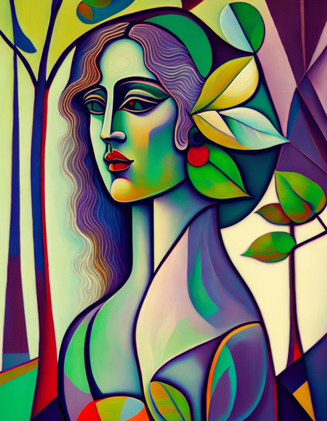 Stylized Art Nouveau painting of woman with leaves and fruit motifs