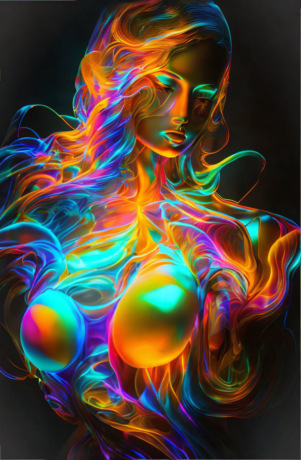 Colorful digital artwork: Woman with iridescent colors on dark background