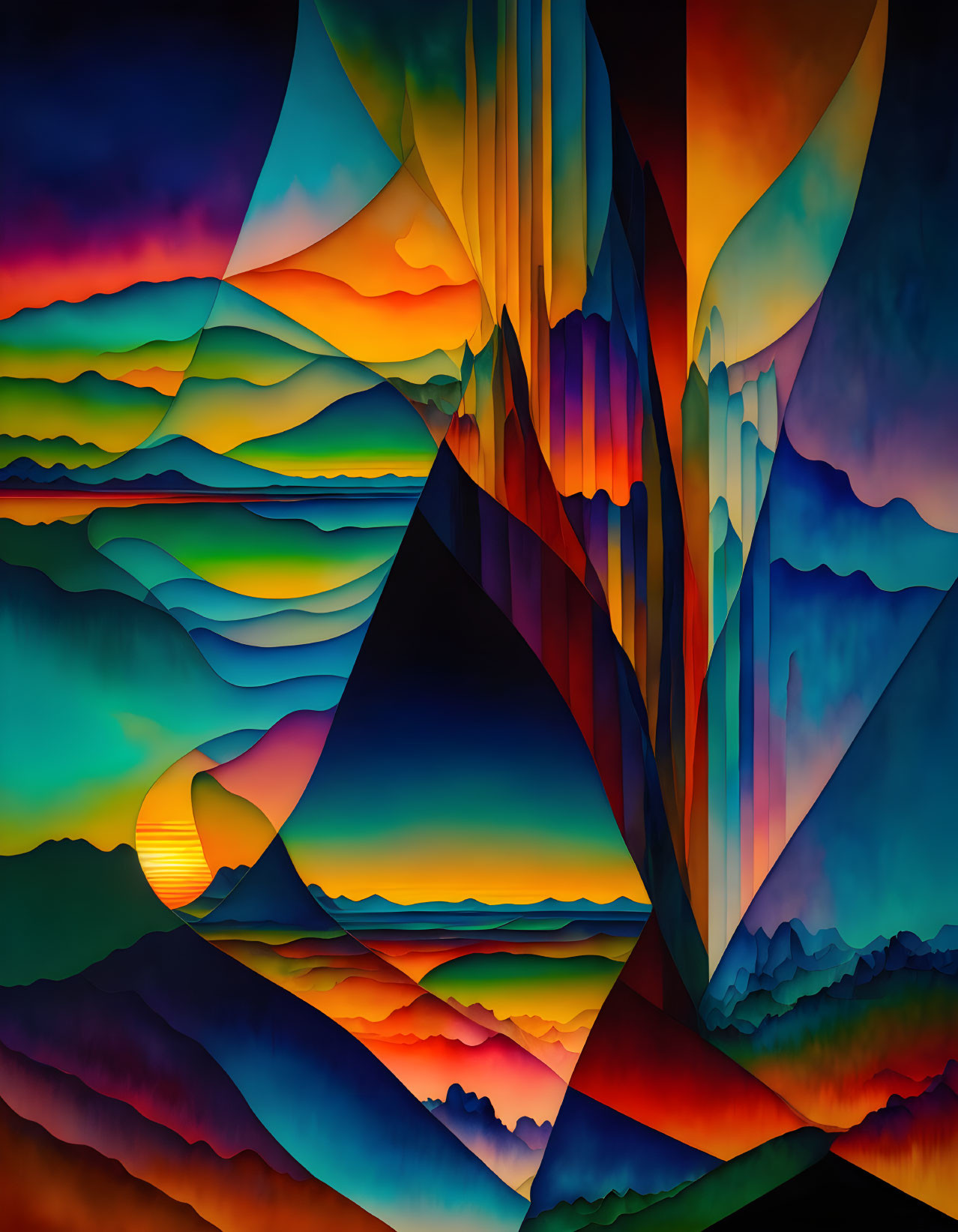 Colorful Abstract Landscape with Sun and Geometric Shapes