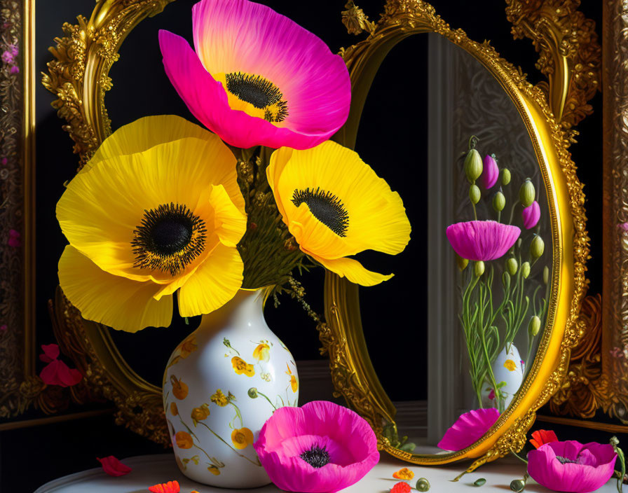 Colorful poppies and tulips in vase with floral pattern, reflected in golden mirror on dark background