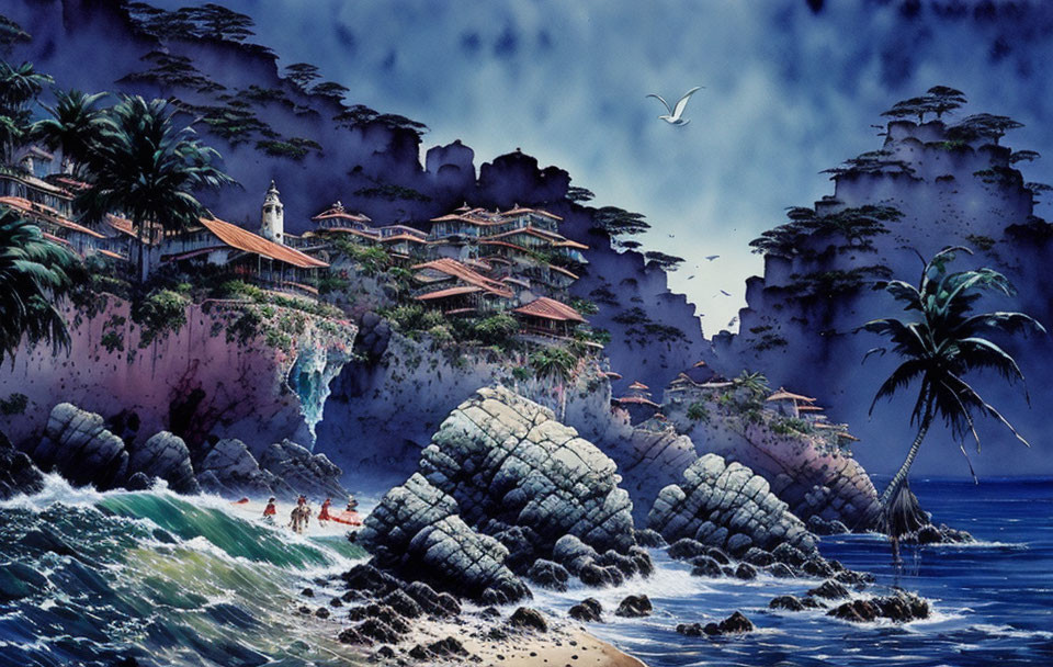 Coastal village with terraced houses, palm trees, turquoise sea, crashing waves, and soaring