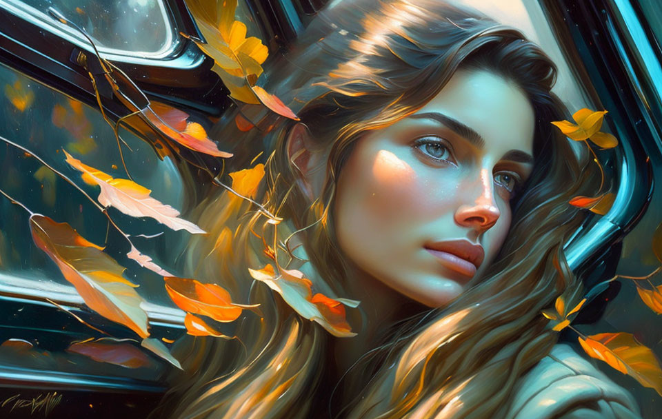 Digital artwork: Woman with flowing hair by window, surrounded by vibrant orange leaves