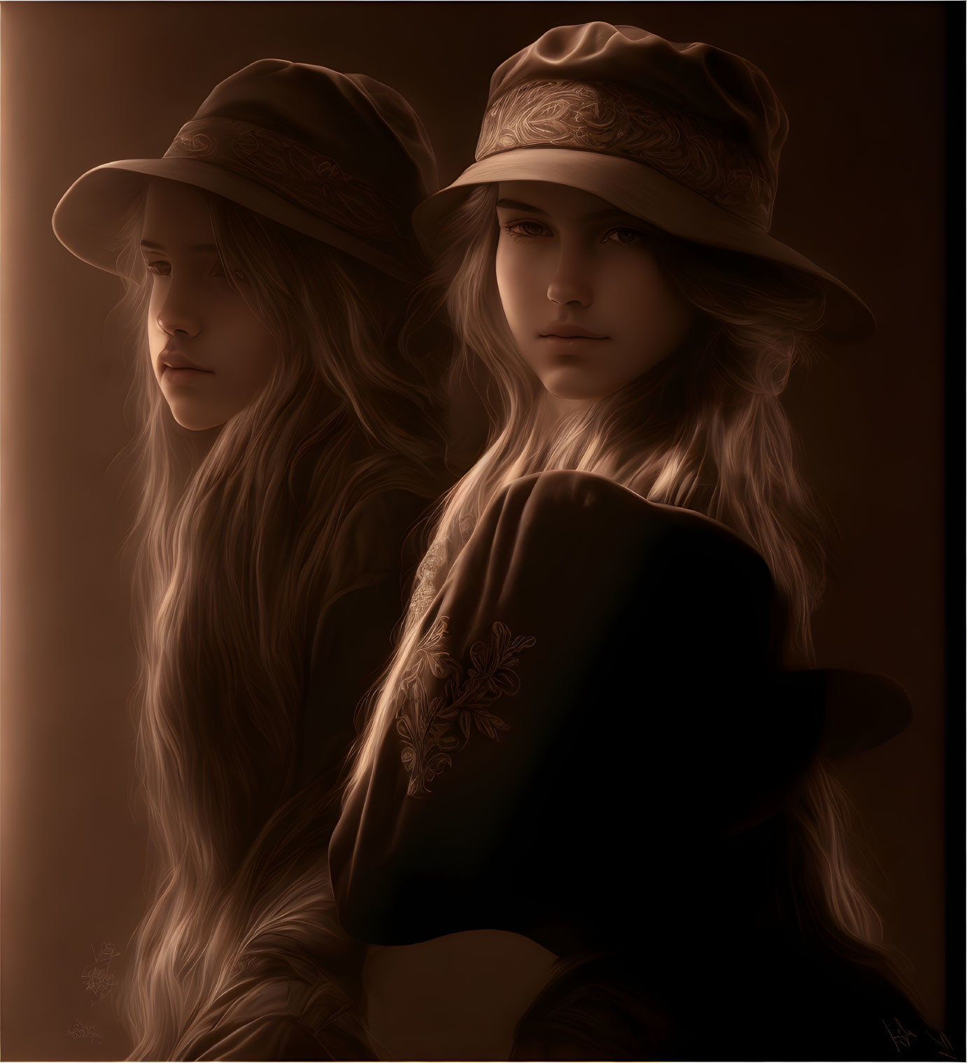 Sepia-toned digital artwork featuring two females in hats with long hair