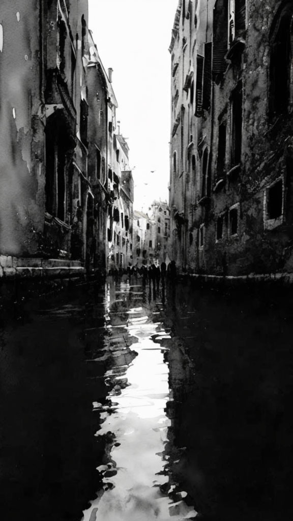 Monochrome watercolor painting of Venetian canal reflections