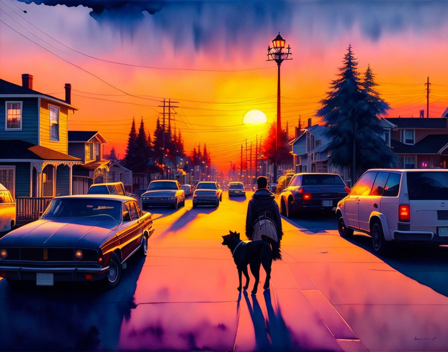 Person walking dog at vibrant sunset in suburban street