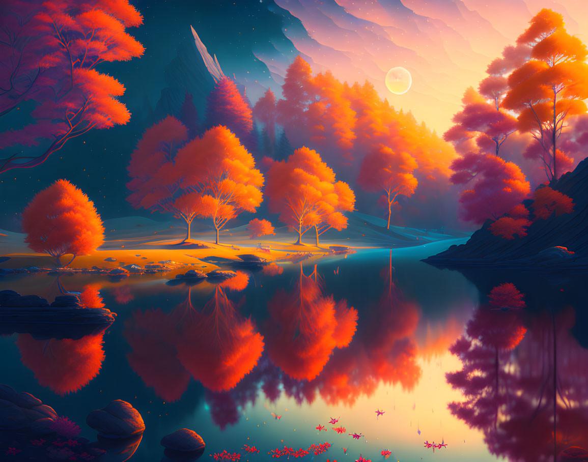 Autumnal fantasy landscape with orange trees, tranquil lake, purple sky, crescent moon, shooting