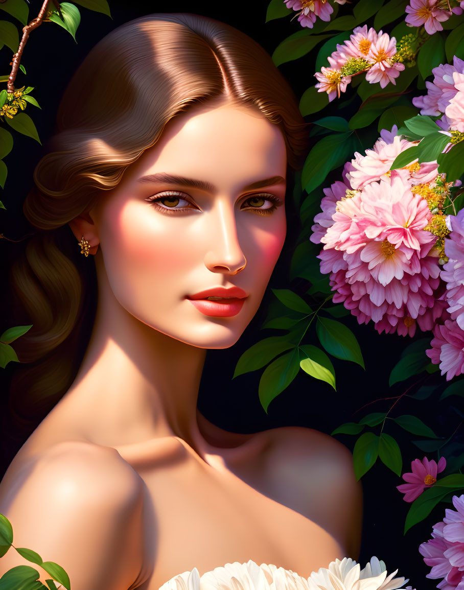 Illustrated portrait of woman with stylized features in pink floral setting