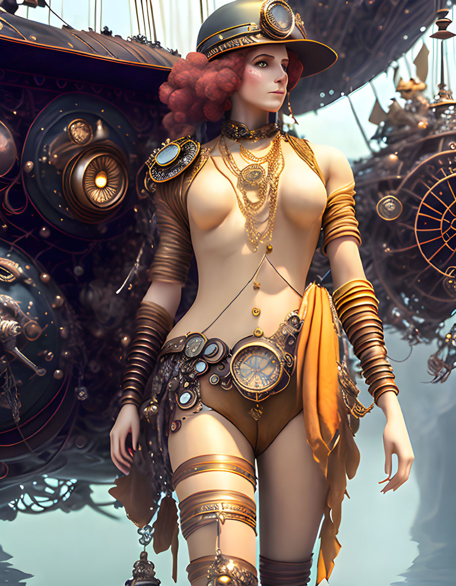 Steampunk-themed female figure with clock abdomen and gear accents.