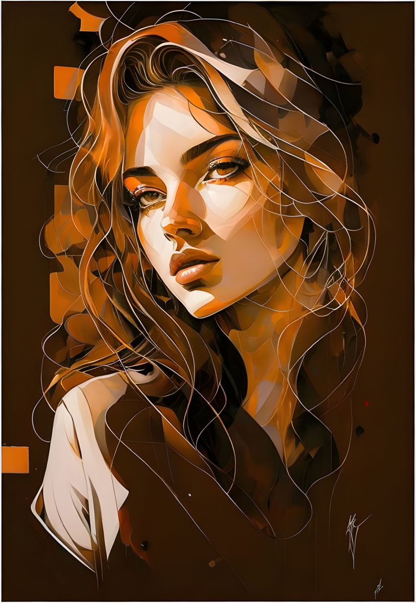 Stylized digital painting of contemplative woman with flowing hair