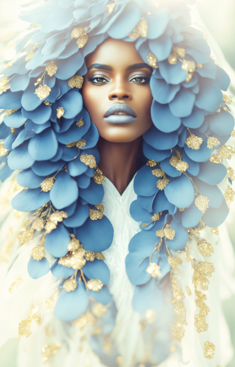 Woman with striking makeup and blue petal headpiece with gold accents.