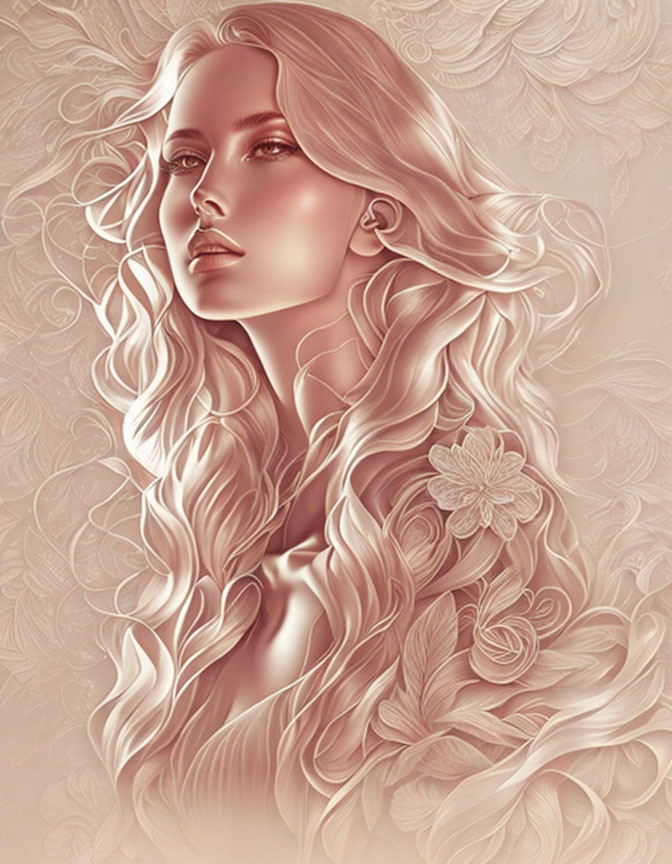 Monochromatic sepia-toned digital artwork of woman with flowing hair