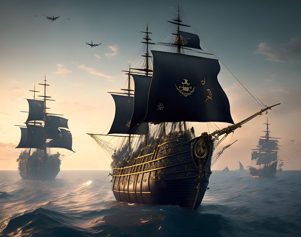 Pirate ships with black sails and skull flags on twilight seas