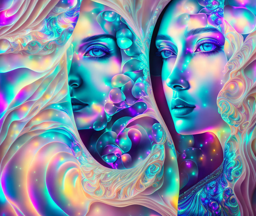 Colorful digital artwork: Symmetrical female faces with swirling patterns