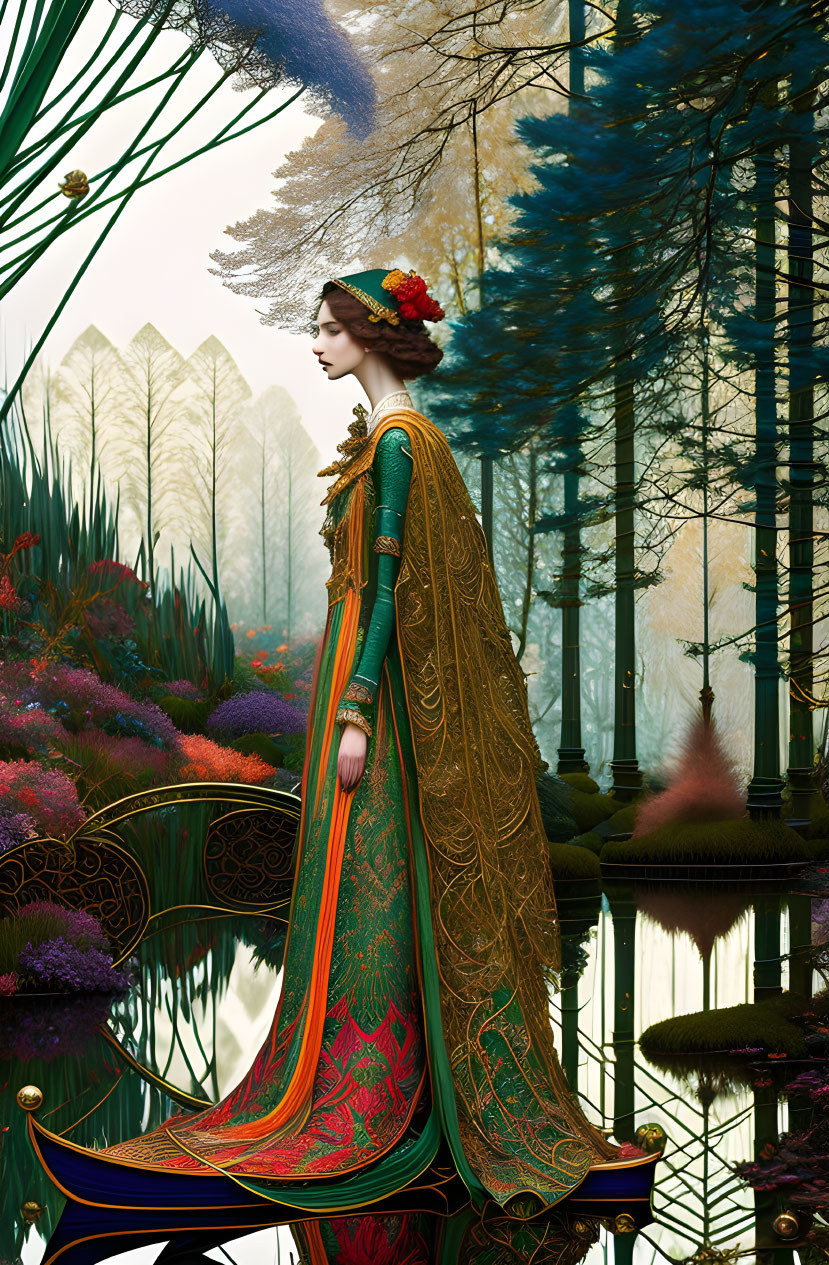 Detailed Medieval Gown Woman by Reflective Pond in Vibrant Forest